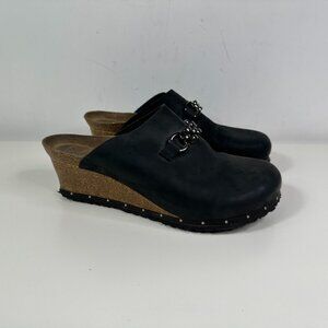 Women's Papillio By Birkenstock black leather cork wedge closed toe Clog Sz 38/7